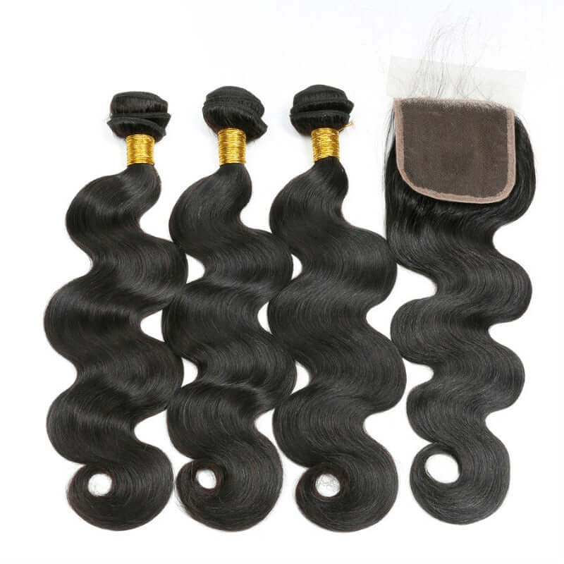 Ustar 7A Natural Black Virgin Body Wave Hair 3 Bundles with 4 by 4 Lace Closure
