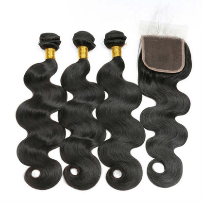 Ustar 7A Natural Black Virgin Body Wave Hair 3 Bundles with 4 by 4 Lace Closure
