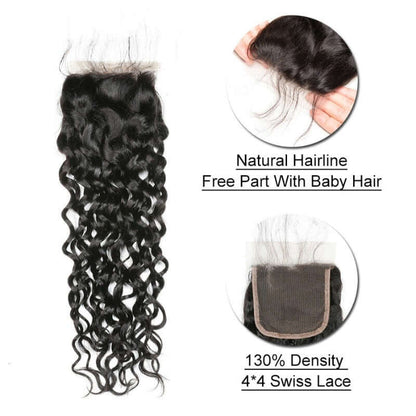 Ustar 7A Natural Black Virgin Water Wave (Natural Wave) Hair 3 Bundles with 4 by 4 Lace Closure