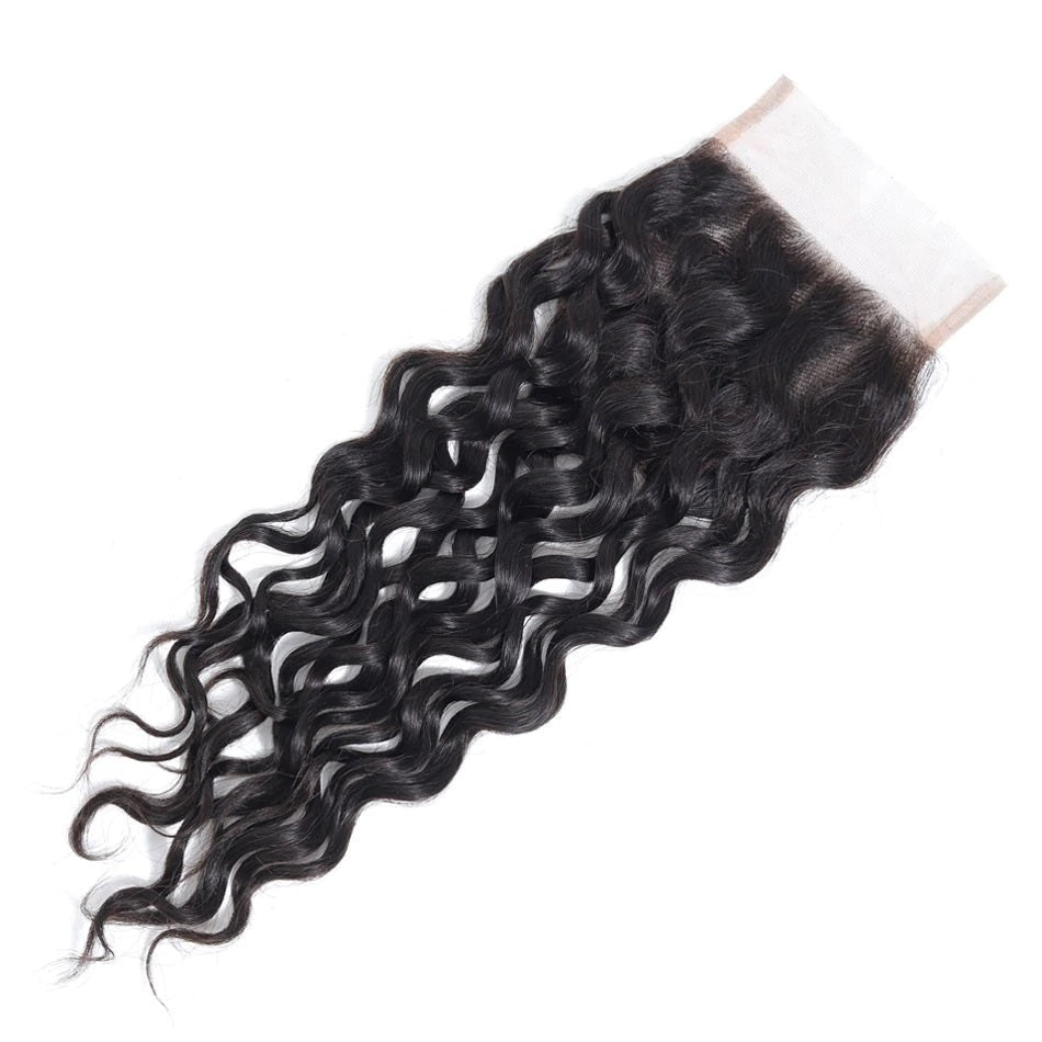 4x4 Water Wave Closure Free Part & Middle Part 100% Human Hair Closure – Transparent Lace, Natural Black