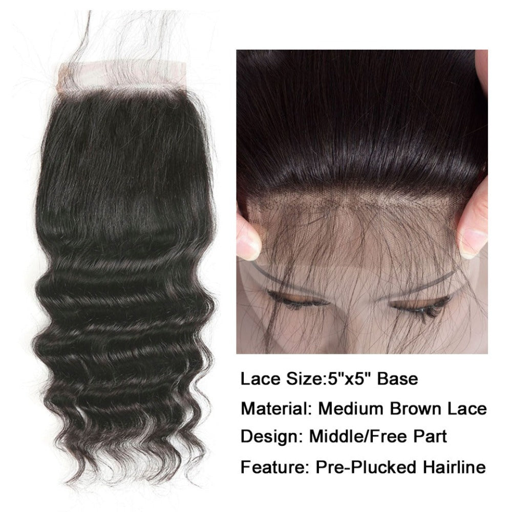 5x5 HD Lace Closure Deep Wave – Natural Black High Quality Human Hair | Pre-Plucked, Skin-Melt HD Lace