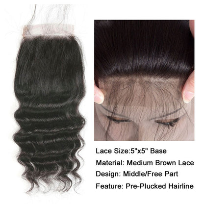 5x5 HD Lace Closure Deep Wave – Natural Black High Quality Human Hair | Pre-Plucked, Skin-Melt HD Lace