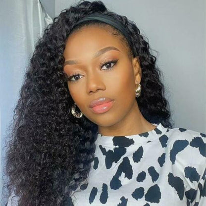 Jerry Curl Headband Wig 100% HumanVirgin Hair Natural Black With Free Weave Cap And 3 Extra Free Color Headbands