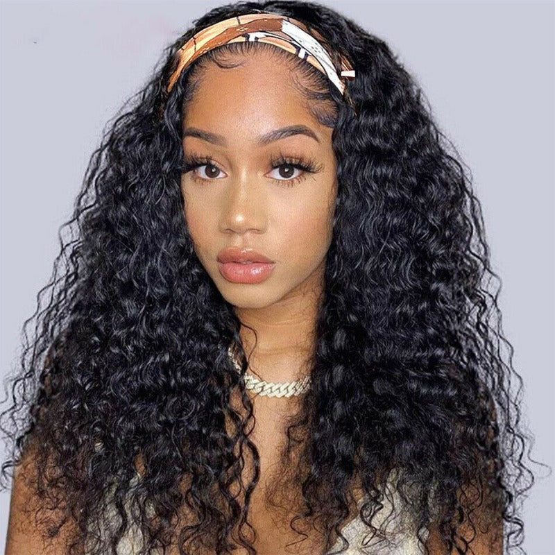 Jerry Curl Headband Wig 100% HumanVirgin Hair Natural Black With Free Weave Cap And 3 Extra Free Color Headbands