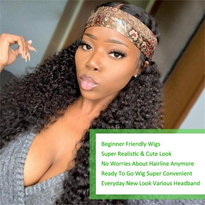 Jerry Curl Headband Wig 100% HumanVirgin Hair Natural Black With Free Weave Cap And 3 Extra Free Color Headbands