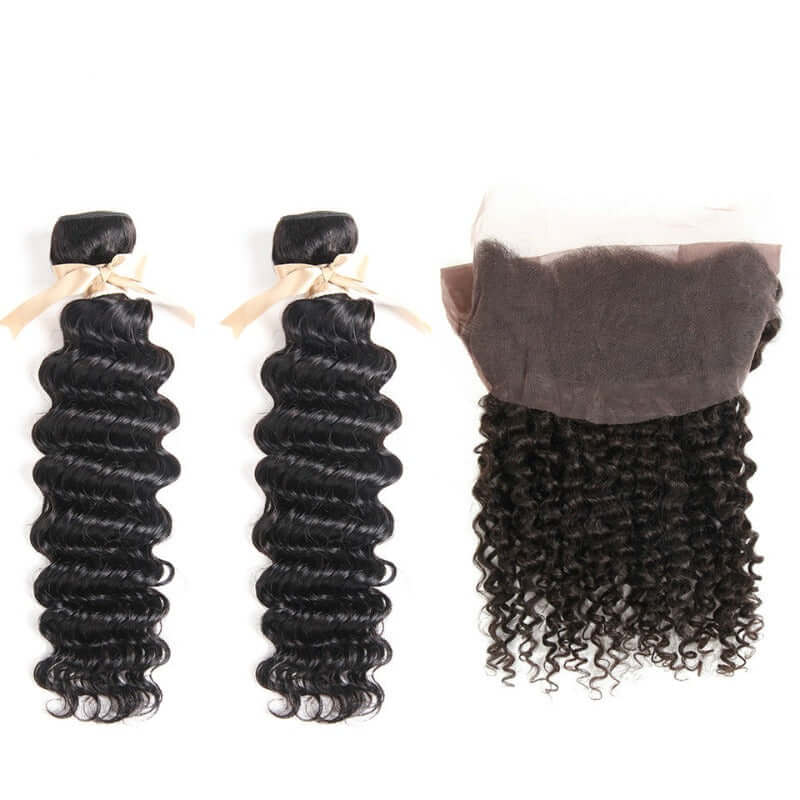 Ustar 7A Natural Black Virgin Deep Wave Hair 2 Bundles with 360 Frontal