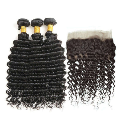 Ustar 7A Natural Black  Virgin Deep Wave Hair 3 Bundles with 360  Frontal