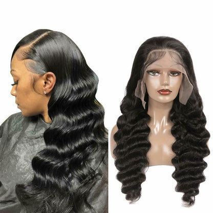 13x4 Transparent Lace Loose Wave Wig Frontal Natural Black Human Hair Wig