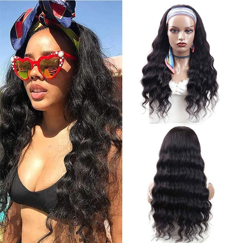 Loose Wave Headband Wig 100% Human Virgin Hair Natural Black With weavy cap and 5 Extra Free Color Headbands