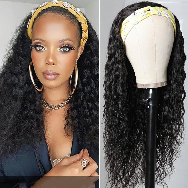 Water Wave Headband Wig 100% Human Virgin Hair Natural Black With Free weavy cap and 5 Colorful Headband