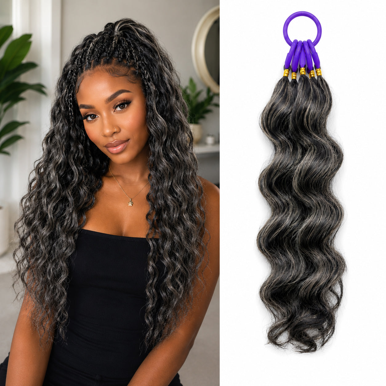 Gray Color Loose Deep Wave Crochet  100% Human Hair -  Boho Braiding Hair For Miracle Knots (50g/Pack)
