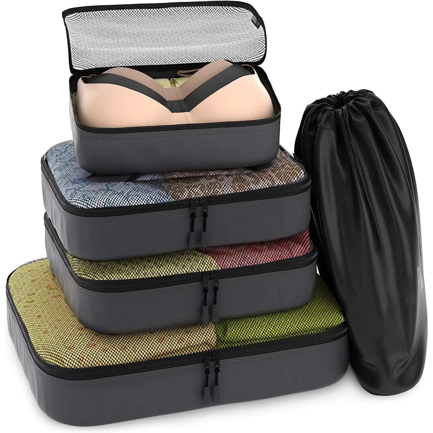 Black Gray Mesh 5 Set Packing Cube Organizers With Laundry Bag