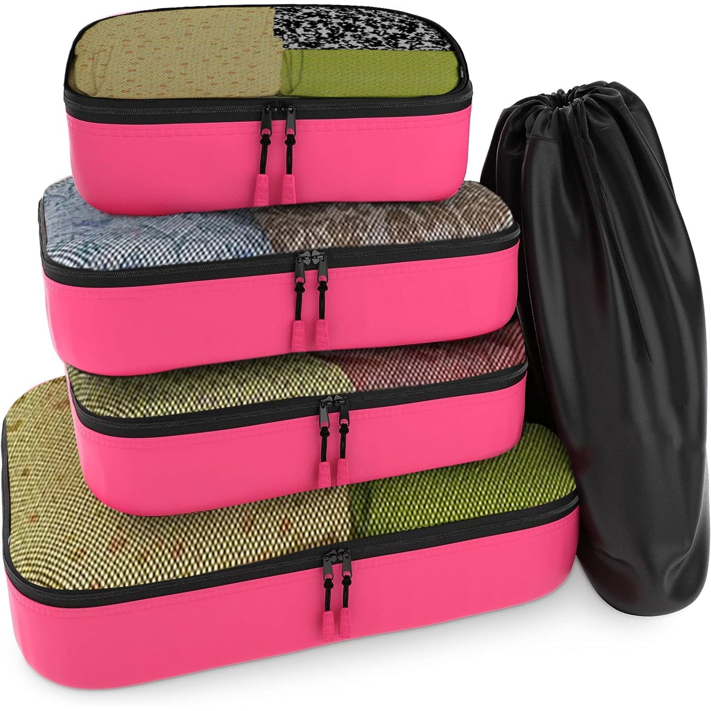 Travel Pink Mesh 5 Set Packing Cube Organizers With Laundry Bag