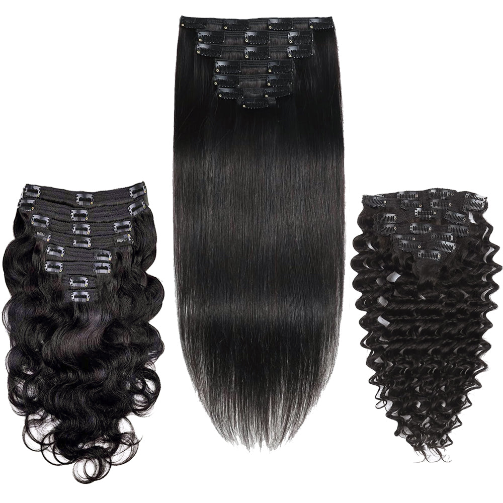 Clip In Premium Hair Extensions 100% Human Hair Raw Quality Hair Natural Black Color Straight, Body Wave, Deep Wave – Seamless Blend