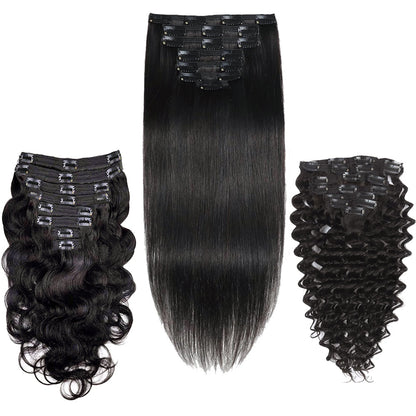 Clip In Premium Hair Extensions 100% Human Hair Raw Quality Hair Natural Black Color Straight, Body Wave, Deep Wave – Seamless Blend