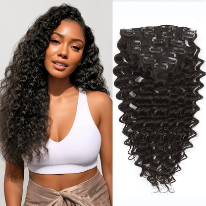 Clip In Premium Hair Extensions 100% Human Hair Raw Quality Hair Natural Black Color Straight, Body Wave, Deep Wave – Seamless Blend