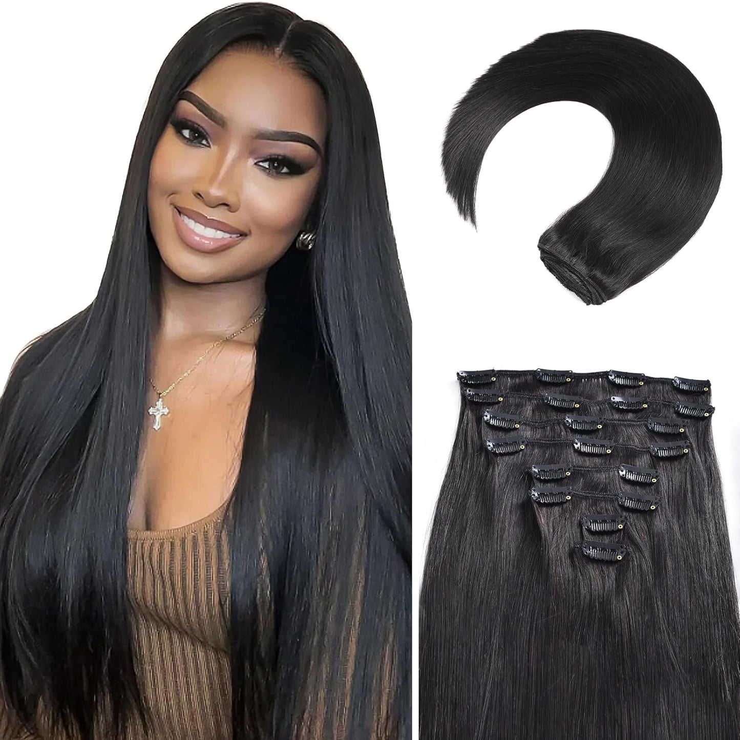 Clip In Premium Hair Extensions 100% Human Hair Raw Quality Hair Natural Black Color Straight, Body Wave, Deep Wave – Seamless Blend