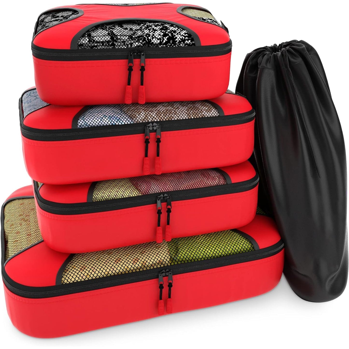 Travel Red Mesh 5 Set Packing Cube Organizers With Laundry Bag