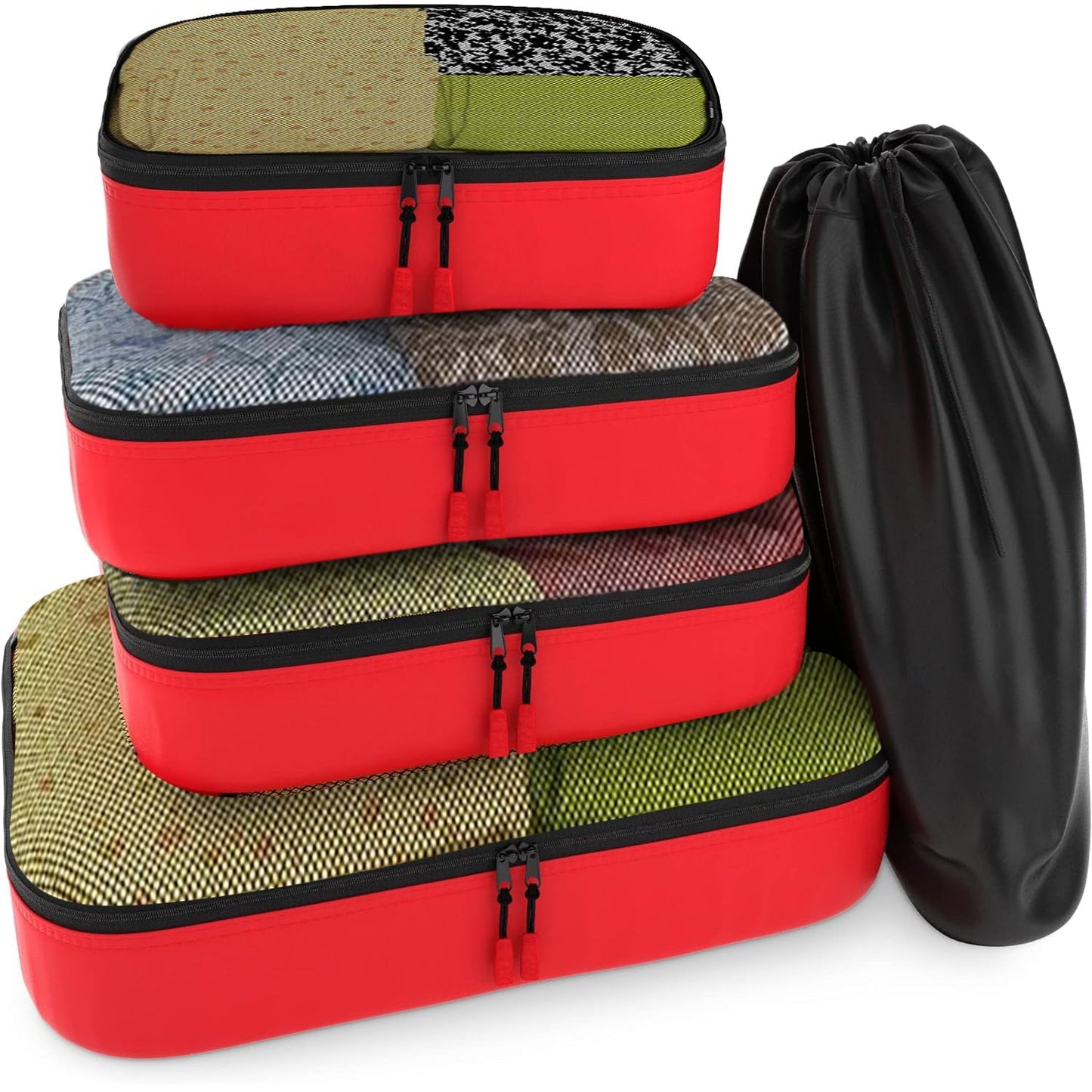 Travel Red Mesh 5 Set Packing Cube Organizers With Laundry Bag