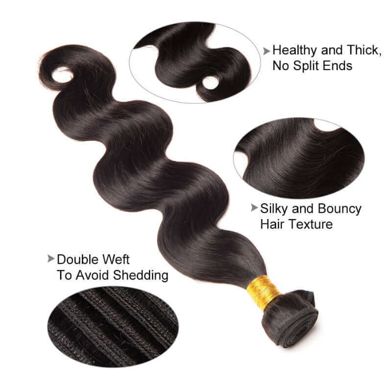Ustar 7A Natural Black Virgin Body Wave Hair 3 Bundles with 360 Frontal