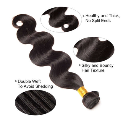 Ustar 7A Natural Black Virgin Body Wave Hair 3 Bundles with 360 Frontal