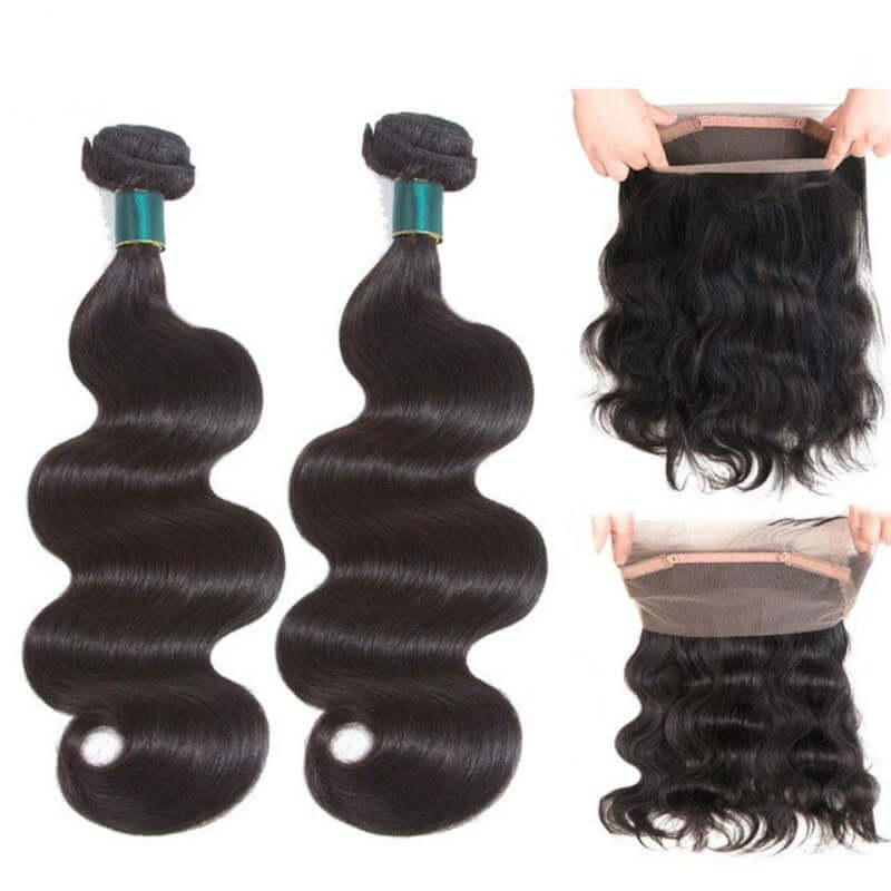 Ustar 7A Natural Black Virgin Body Wave  Hair 2 Bundles with 360 Frontal