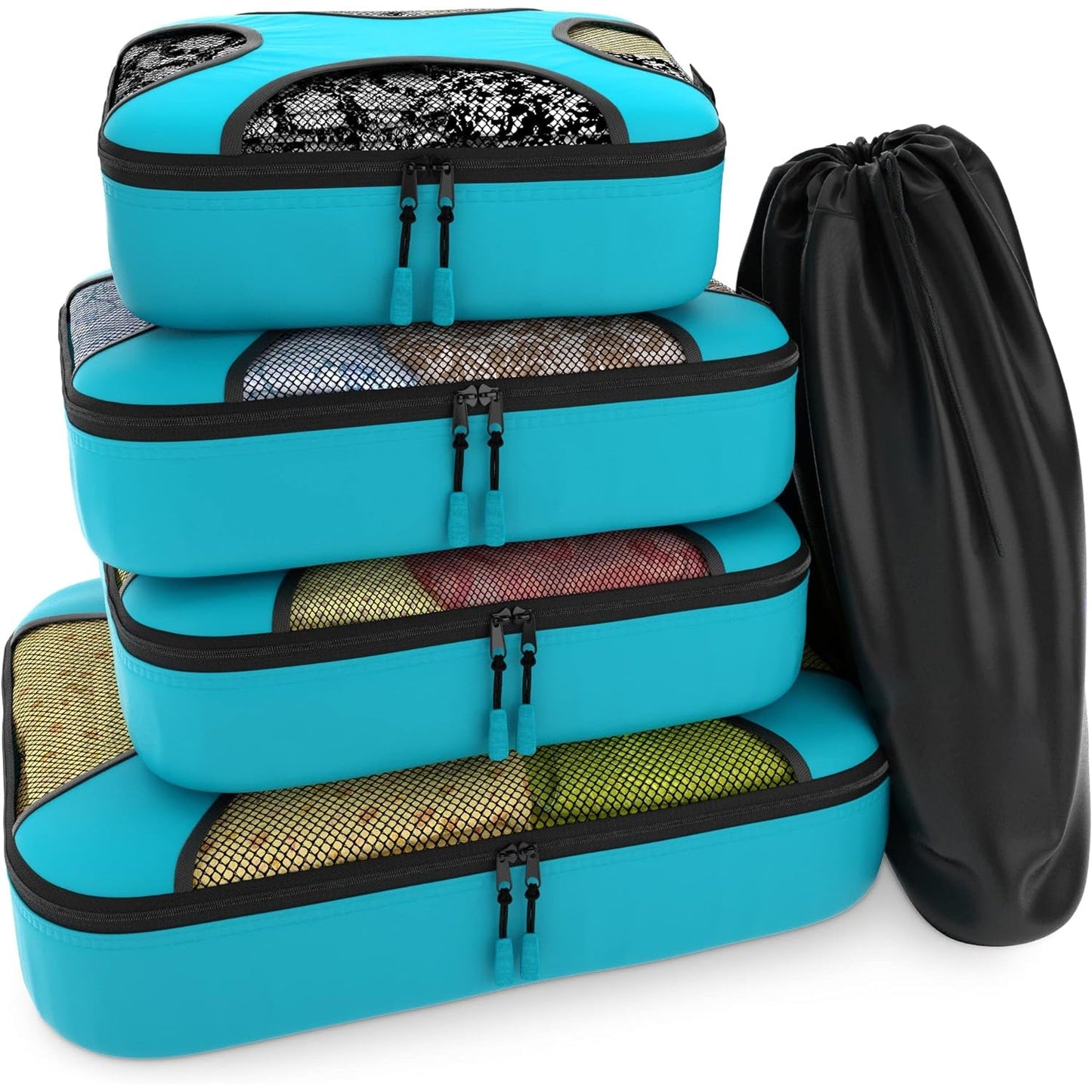 Travel Aqua Teal Mesh 5 Set Packing Cube Organizers With Laundry Bag