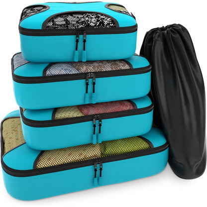 Travel Aqua Teal Mesh 5 Set Packing Cube Organizers With Laundry Bag