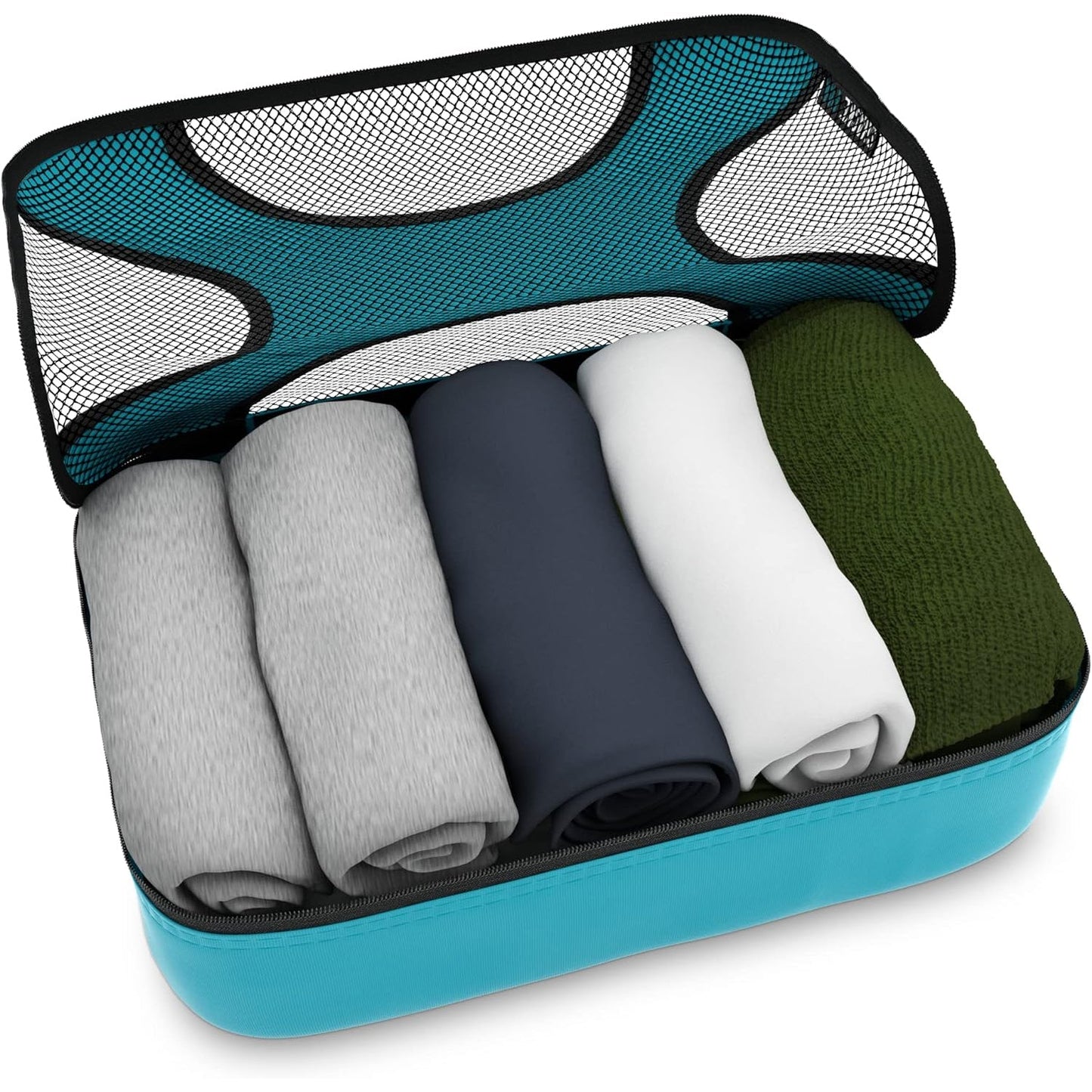 Travel Aqua Teal Mesh 5 Set Packing Cube Organizers With Laundry Bag