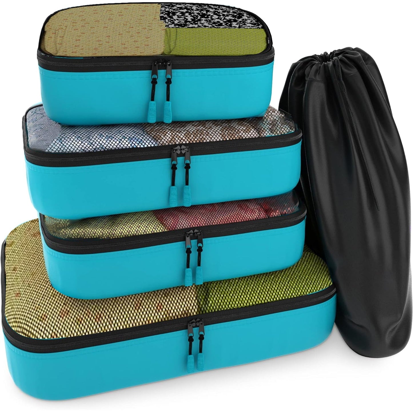 Travel Aqua Teal Mesh 5 Set Packing Cube Organizers With Laundry Bag