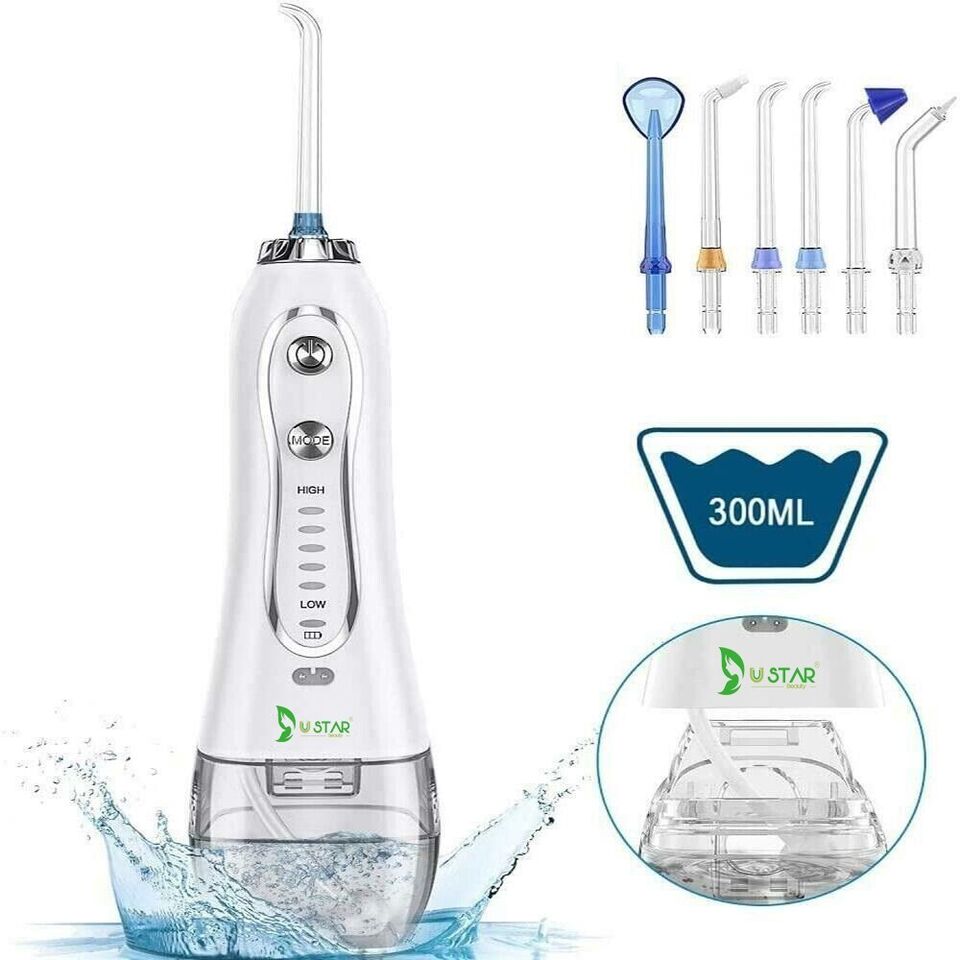 Bestope/USTAR Water Flosser 300ML 5 Modes & 6 Jet Tips - IPX7 Waterproof Cordless Dental Oral Irrigator Portable and Rechargeable Water Flossing