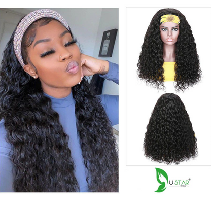 Water Wave Headband Wig 100% Human Virgin Hair Natural Black With Free weavy cap and 5 Colorful Headband