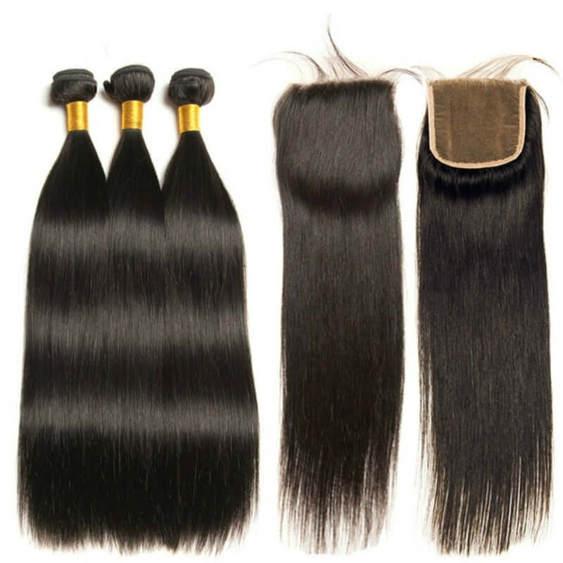 Ustar 7A Natural Black Virgin Straigh Hair 3 Bundles with 4 by 4 Lace Closure