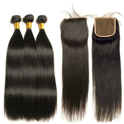 Ustar 7A Natural Black Virgin Straigh Hair 3 Bundles with 4 by 4 Lace Closure