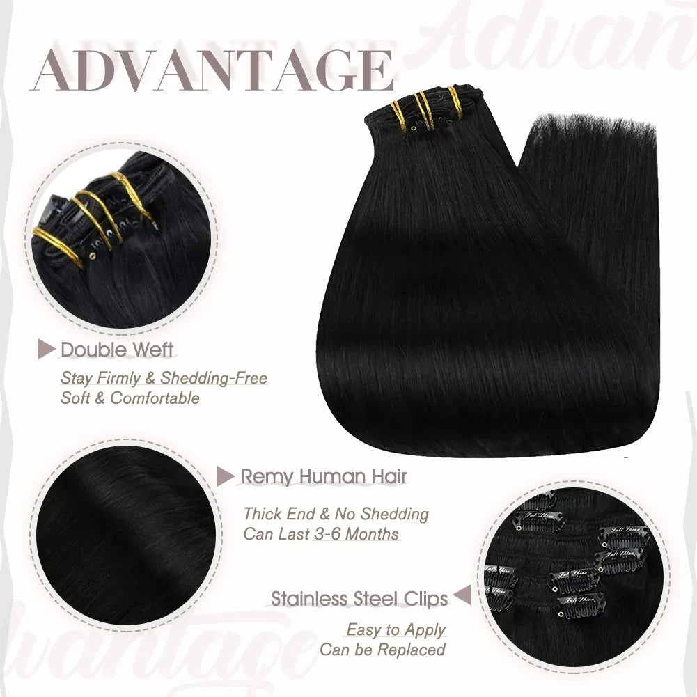 Clip In Premium Hair Extensions Straight High Quality 100% Human Hair – Natural Black, Heat Styleable, Easy Clip-In