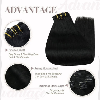 Clip In Premium Hair Extensions Straight High Quality 100% Human Hair – Natural Black, Heat Styleable, Easy Clip-In