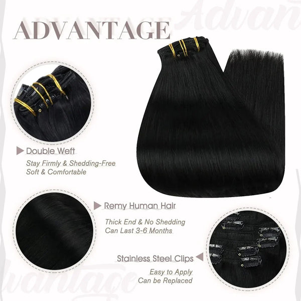 Clip In Premium Hair Extensions Straight High Quality 100% Human Hair – Natural Black, Heat Styleable, Easy Clip-In