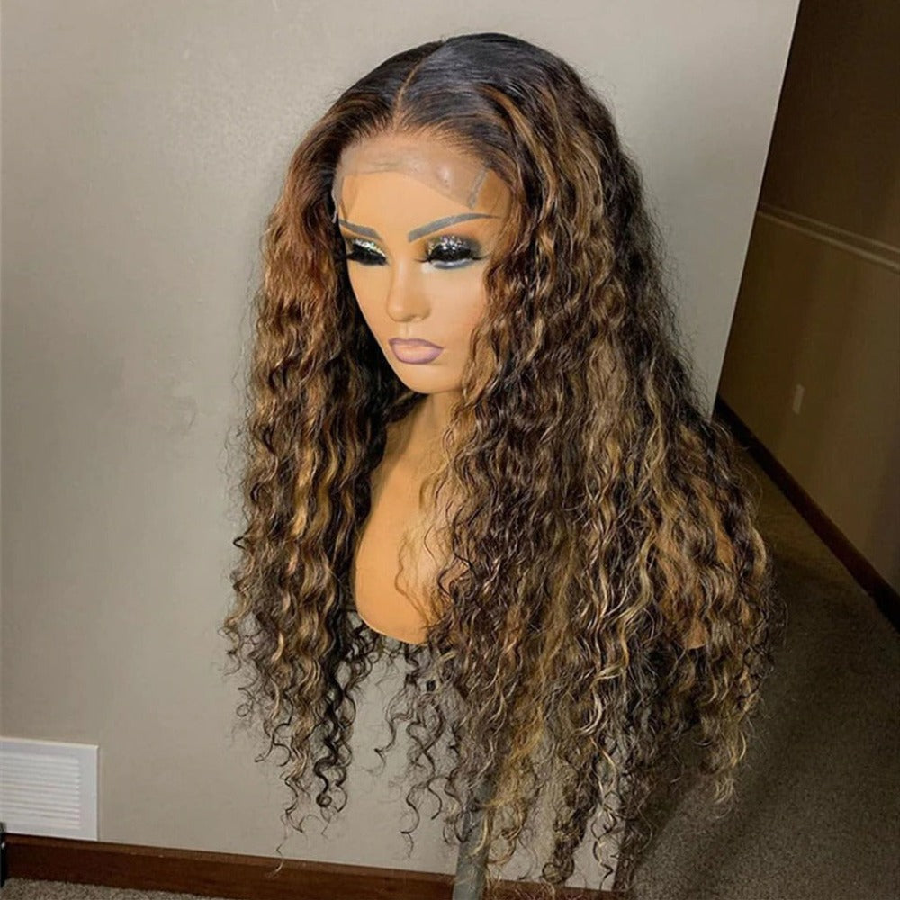 Deep wave Highlight Human Hair Wig honey blonde ombre