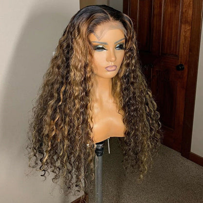 Deep wave Highlight Human Hair Wig honey blonde ombre