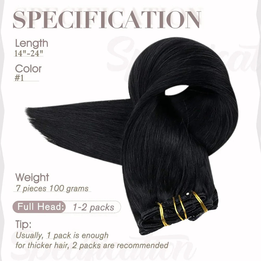 Clip In Premium Hair Extensions Straight High Quality 100% Human Hair – Natural Black, Heat Styleable, Easy Clip-In
