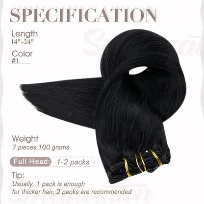 Clip In Premium Hair Extensions Straight High Quality 100% Human Hair – Natural Black, Heat Styleable, Easy Clip-In