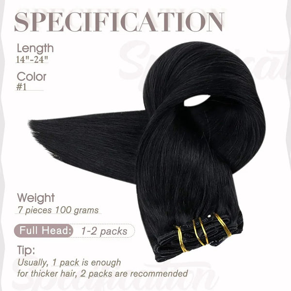 Clip In Premium Hair Extensions Straight High Quality 100% Human Hair – Natural Black, Heat Styleable, Easy Clip-In