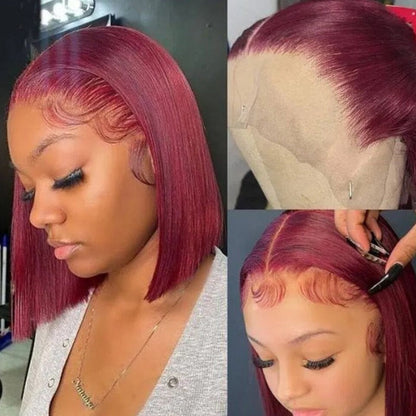 Burgundy 99J Straight Bob Wig – 13x4 Transparent Lace Front 100% Virgin Human Hair