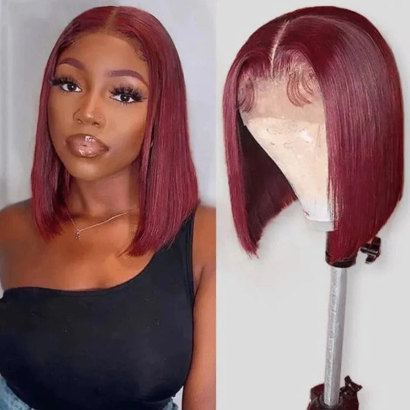 Burgundy 99J Straight Bob Wig – 13x4 Transparent Lace Front 100% Virgin Human Hair