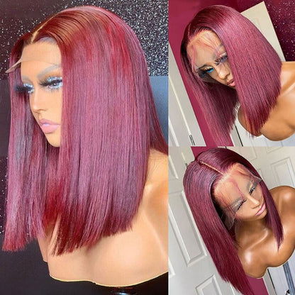 Burgundy 99J Straight Bob Wig – 13x4 Transparent Lace Front 100% Virgin Human Hair