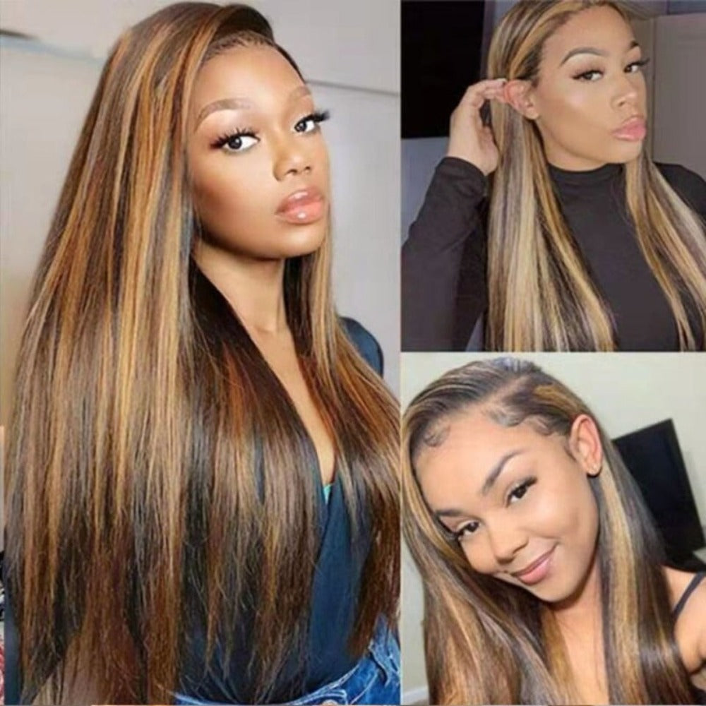 Straight Highlight Human Hair Wig honey blonde ombre