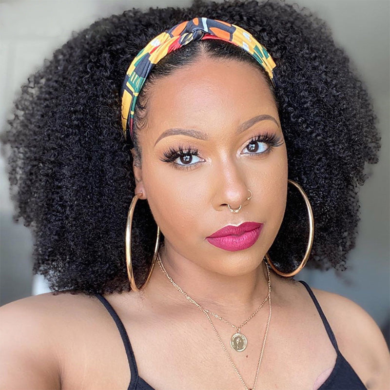 Kinky Curl Headband Wig 100% Human Virgin Hair Natural Black With 3 Colorful Headband