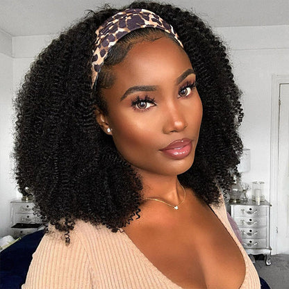 Kinky Curl Headband Wig 100% Human Virgin Hair Natural Black With 3 Colorful Headband