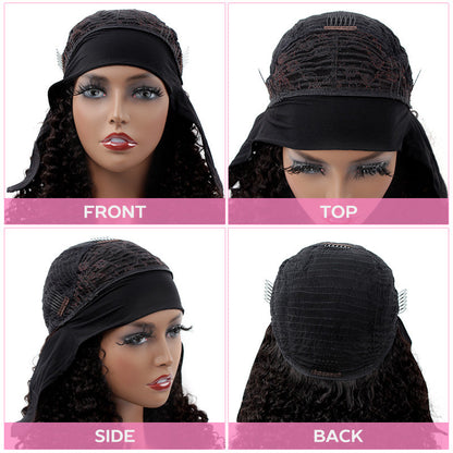 Kinky Curl Headband Wig 100% Human Virgin Hair Natural Black With 3 Colorful Headband