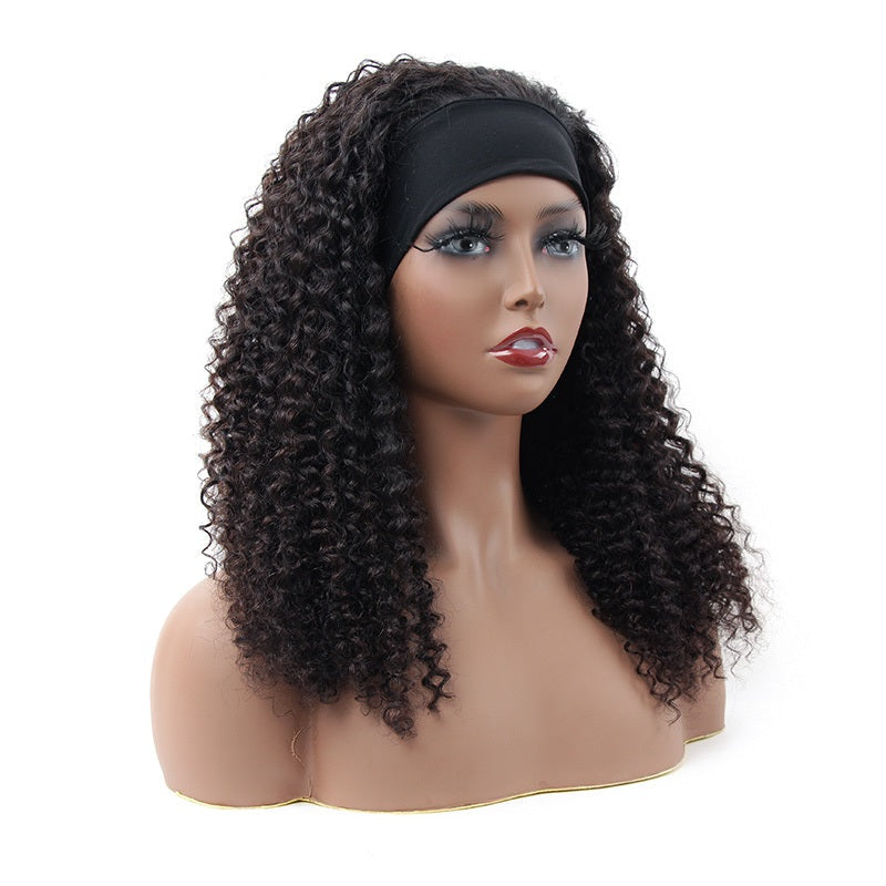 Kinky Curl Headband Wig 100% Human Virgin Hair Natural Black With 3 Colorful Headband